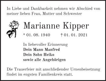 Traueranzeige von Marianne Kipper von Märkische Oderzeitung