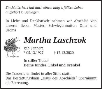 Traueranzeige von Martha Laschzok von Märkische Oderzeitung