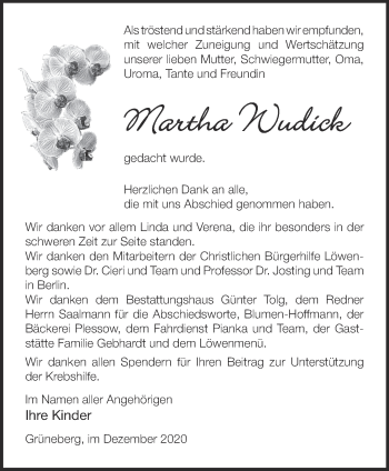 Traueranzeige von Martha Wudick von Märkische Oderzeitung