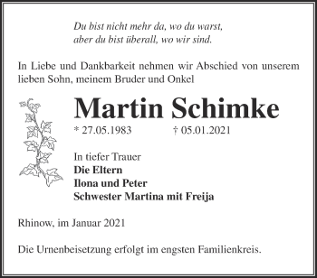 Traueranzeige von Martin Schimke von Märkische Oderzeitung