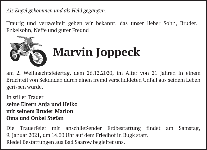  Traueranzeige für Marvin Joppeck vom 06.01.2021 aus Märkische Oderzeitung