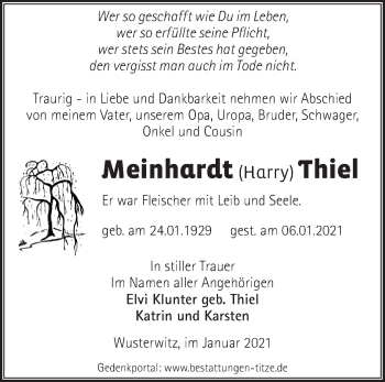 Traueranzeige von Meinhardt Thiel von Märkische Oderzeitung