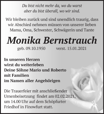 Traueranzeige von Monika Bernstrauch von Märkische Oderzeitung