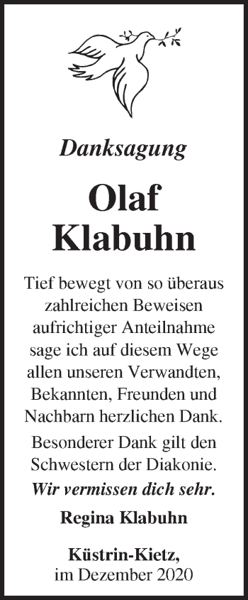 Traueranzeige von Olaf Klabuhn von Märkische Oderzeitung