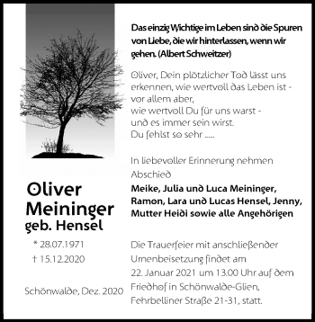 Traueranzeige von Oliver Meininger von Märkische Oderzeitung