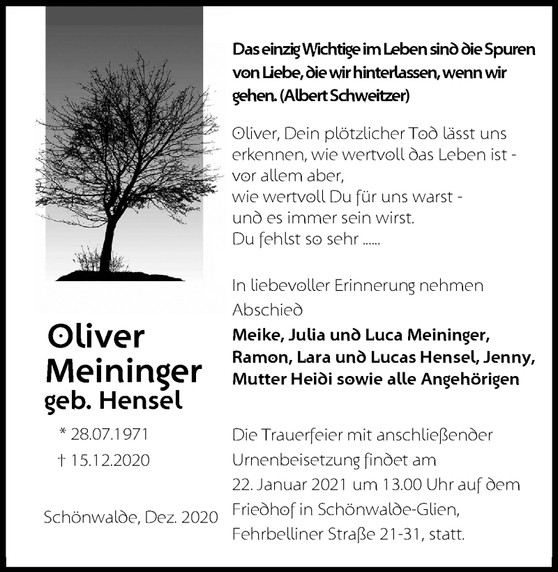  Traueranzeige für Oliver Meininger vom 03.01.2021 aus Märkische Oderzeitung