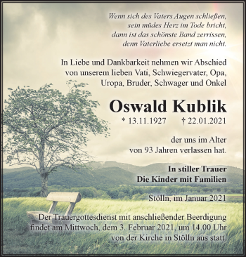 Traueranzeige von Oswald Kublik von Märkische Oderzeitung