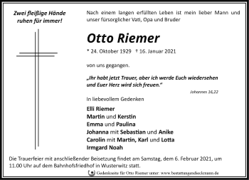 Traueranzeige von Otto Riemer von Märkische Oderzeitung