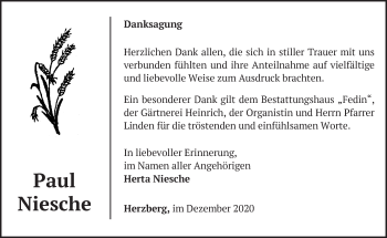 Traueranzeige von Paul Niesche von Märkische Oderzeitung