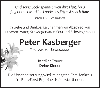 Traueranzeige von Peter Kasberger von Märkische Oderzeitung