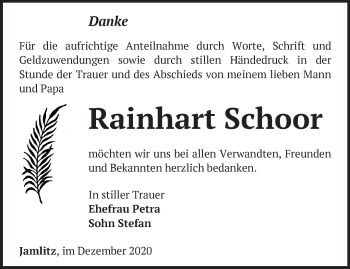 Traueranzeige von Rainhart Schoor von Märkische Oderzeitung