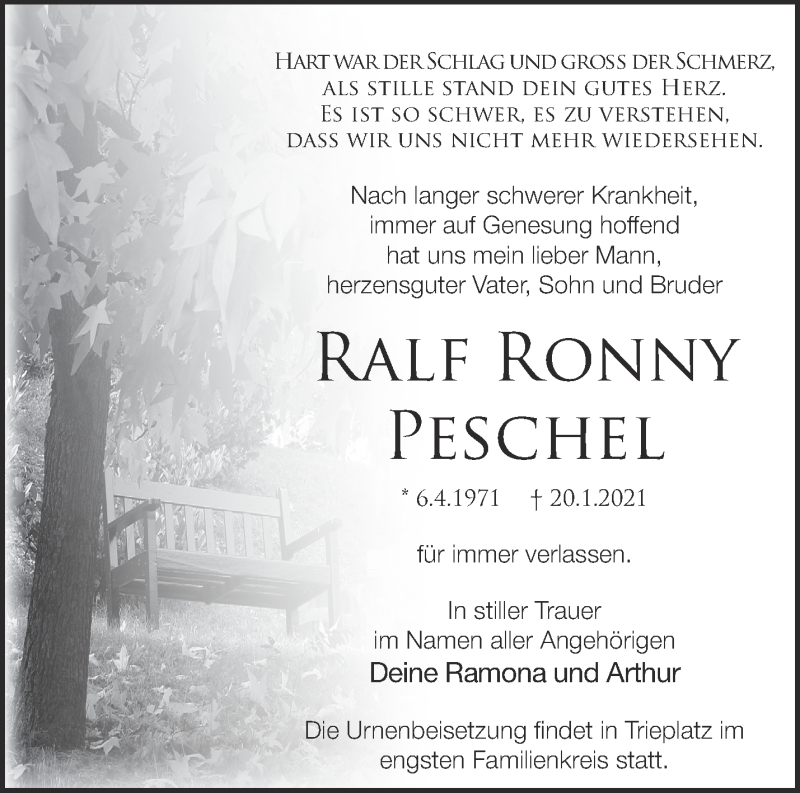  Traueranzeige für Ralf Ronny Peschel vom 30.01.2021 aus Märkische Oderzeitung