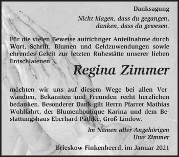 Traueranzeige von Regina Zimmer von Märkische Oderzeitung