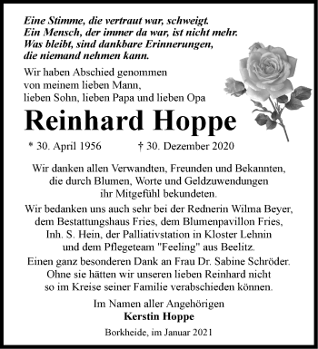 Traueranzeige von Reinhard Hoppe von Märkische Oderzeitung