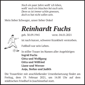 Traueranzeige von Reinhardt Fuchs von Märkische Oderzeitung