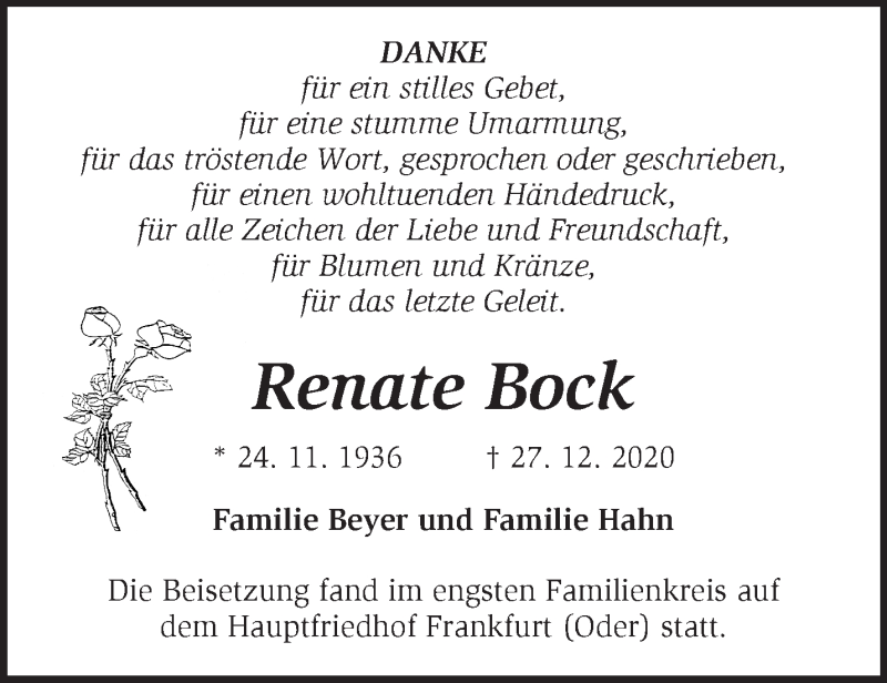  Traueranzeige für Renate Bock vom 31.01.2021 aus Märkische Oderzeitung