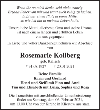 Traueranzeige von Rosemarie Kollberg von Märkische Oderzeitung