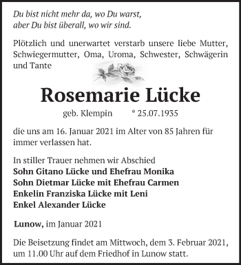 Traueranzeige von Rosemarie Lücke von Märkische Oderzeitung