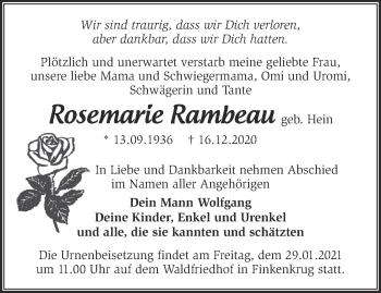 Traueranzeige von Rosemarie Rambeau von Märkische Oderzeitung