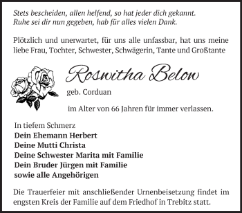 Traueranzeige von Roswitha Below von Märkische Oderzeitung