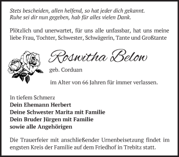 Traueranzeige von Roswitha Below von Märkische Oderzeitung