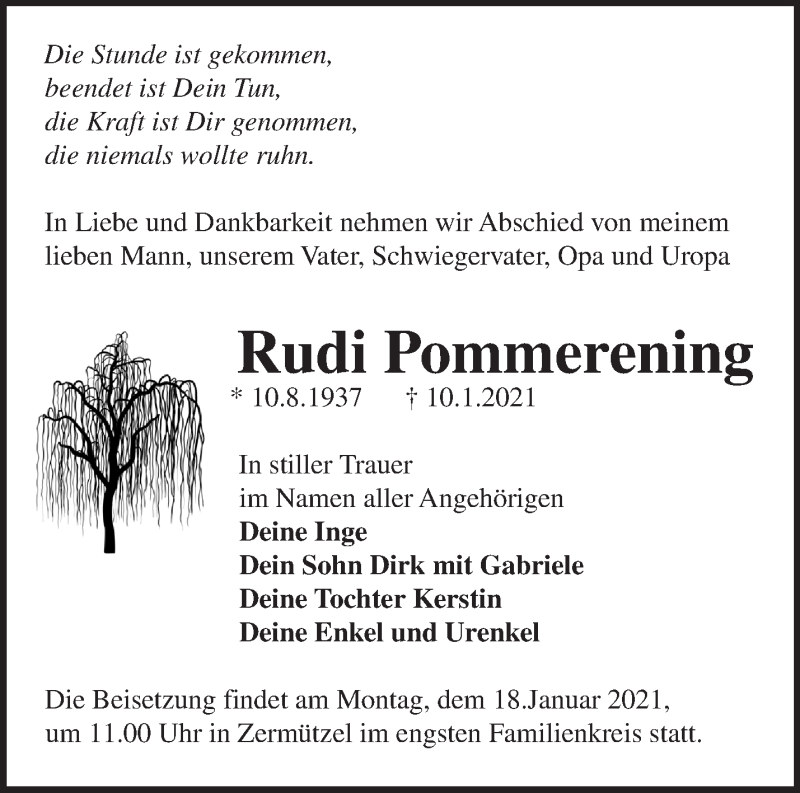  Traueranzeige für Rudi Pommerening vom 12.01.2021 aus Märkische Oderzeitung