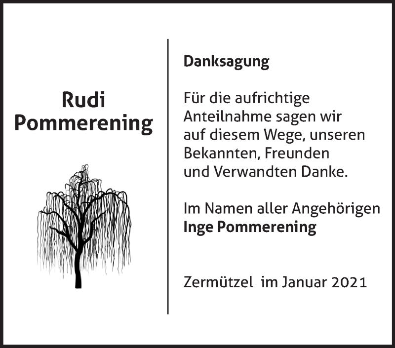  Traueranzeige für Rudi Pommerening vom 30.01.2021 aus Märkische Oderzeitung