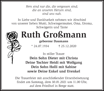 Traueranzeige von Ruth Großmann von Märkische Oderzeitung