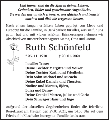 Traueranzeige von Ruth Schönfeld von Märkische Oderzeitung