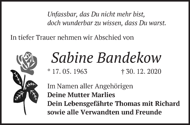  Traueranzeige für Sabine Bandekow vom 10.01.2021 aus Märkische Oderzeitung
