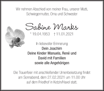 Traueranzeige von Sabine Marks von Märkische Oderzeitung