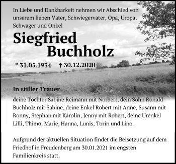 Traueranzeige von Siegfried Buchholz von Märkische Oderzeitung