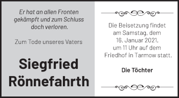 Traueranzeige von Siegfried Rönnefahrth von Märkische Oderzeitung