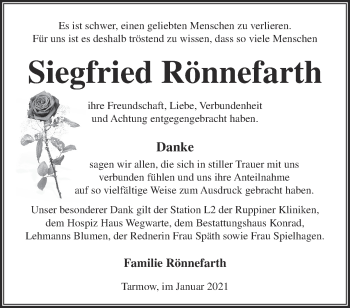 Traueranzeige von Siegfried Rönnefarth von Märkische Oderzeitung