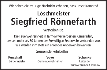 Traueranzeige von Siegfried Rönnefarth von Märkische Oderzeitung