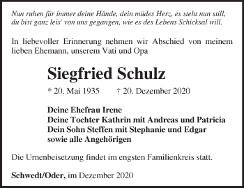 Traueranzeige von Siegfried Schulz von Märkische Oderzeitung