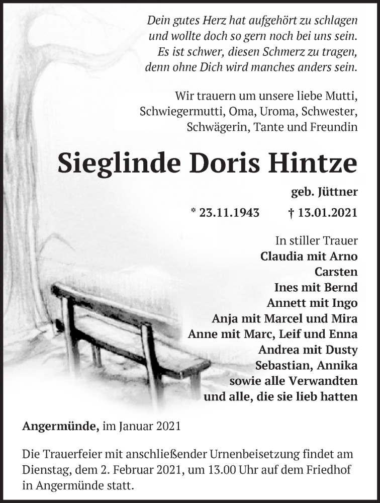  Traueranzeige für Sieglinde Doris Hintze vom 19.01.2021 aus Märkische Oderzeitung