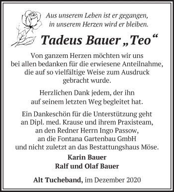 Traueranzeige von Tadeus Bauer von Märkische Oderzeitung