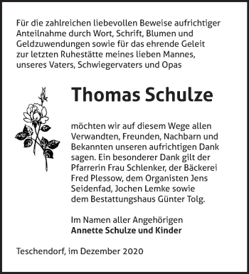 Traueranzeige von Thomas Schulze von Märkische Oderzeitung