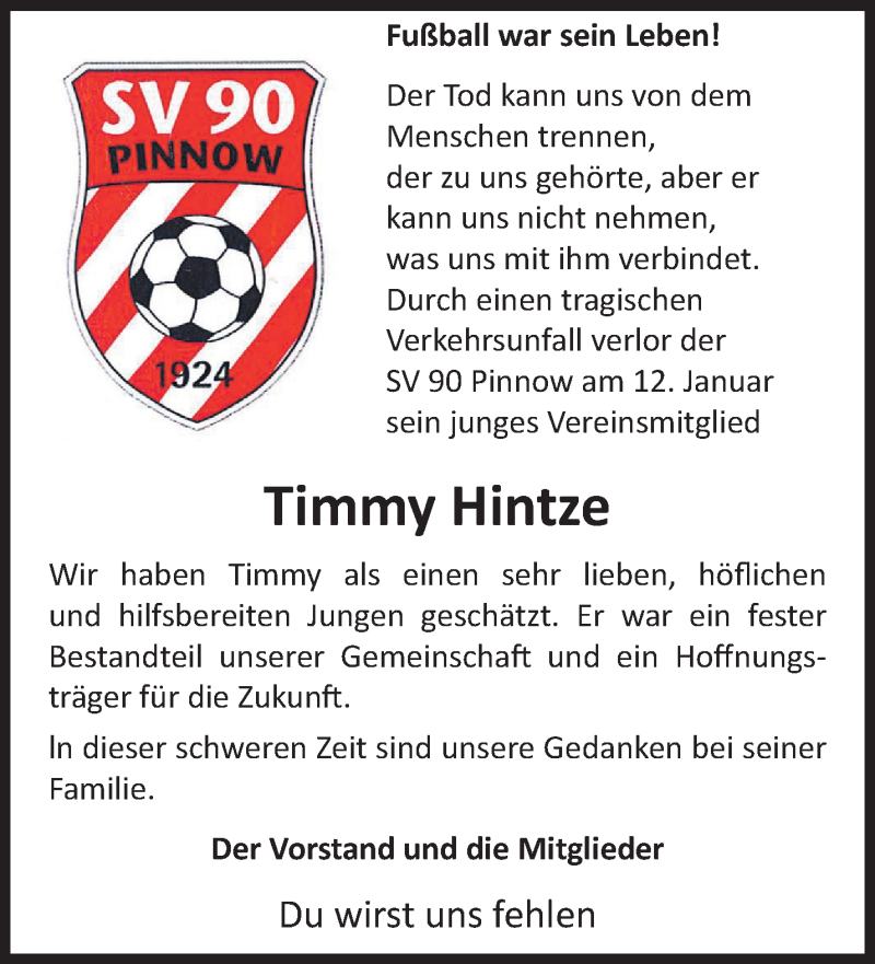  Traueranzeige für Timmy Hintze vom 19.01.2021 aus Märkische Oderzeitung