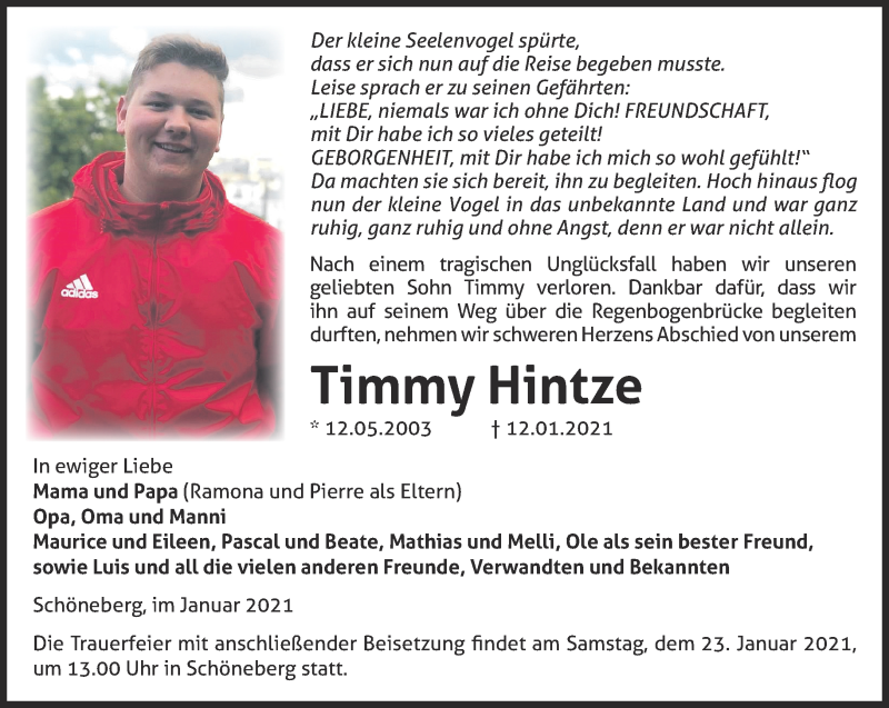  Traueranzeige für Timmy Hintze vom 16.01.2021 aus Märkische Oderzeitung
