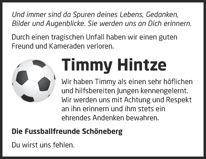  Traueranzeige für Timmy Hintze vom 23.01.2021 aus Märkische Oderzeitung