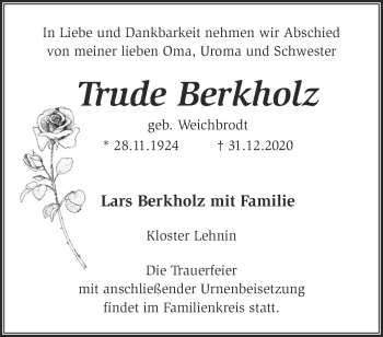 Traueranzeige von Trude Berkholz von Märkische Oderzeitung