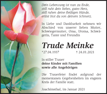 Traueranzeige von Trude Meinke von Märkische Oderzeitung