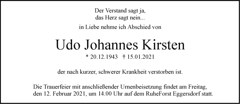  Traueranzeige für Udo Johannes Kirsten vom 23.01.2021 aus Märkische Oderzeitung