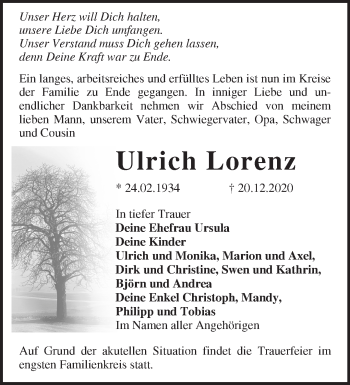 Traueranzeige von Ulrich Lorenz von Märkische Oderzeitung