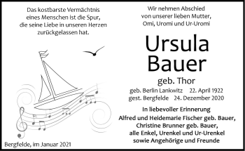 Traueranzeige von Ursula Bauer von Märkische Oderzeitung