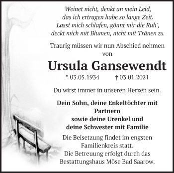 Traueranzeige von Ursula Gansewendt von Märkische Oderzeitung