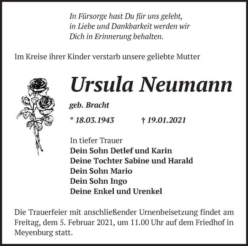  Traueranzeige für Ursula Neumann vom 24.01.2021 aus Märkische Oderzeitung