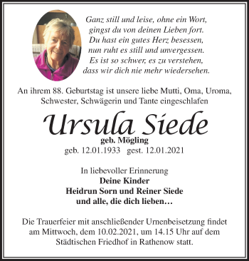 Traueranzeige von Ursula Siede von Märkische Oderzeitung